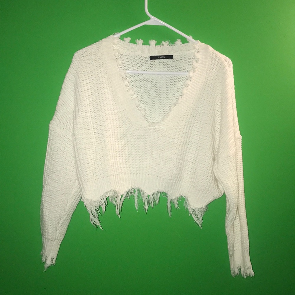 White long-sleeve distressed shirt